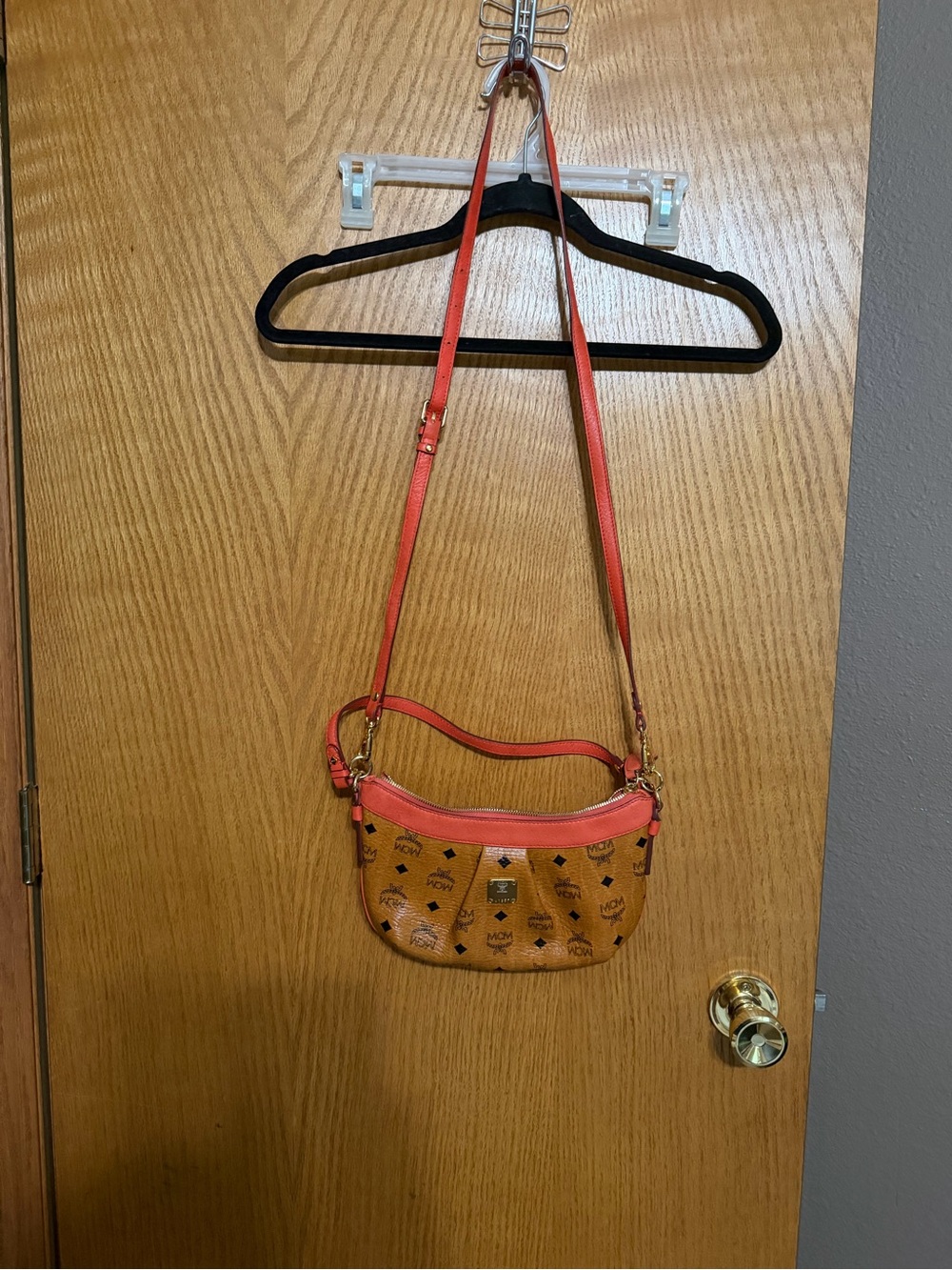 MCM Visetos Small Crossbody Bag in Cognac with orange Trim